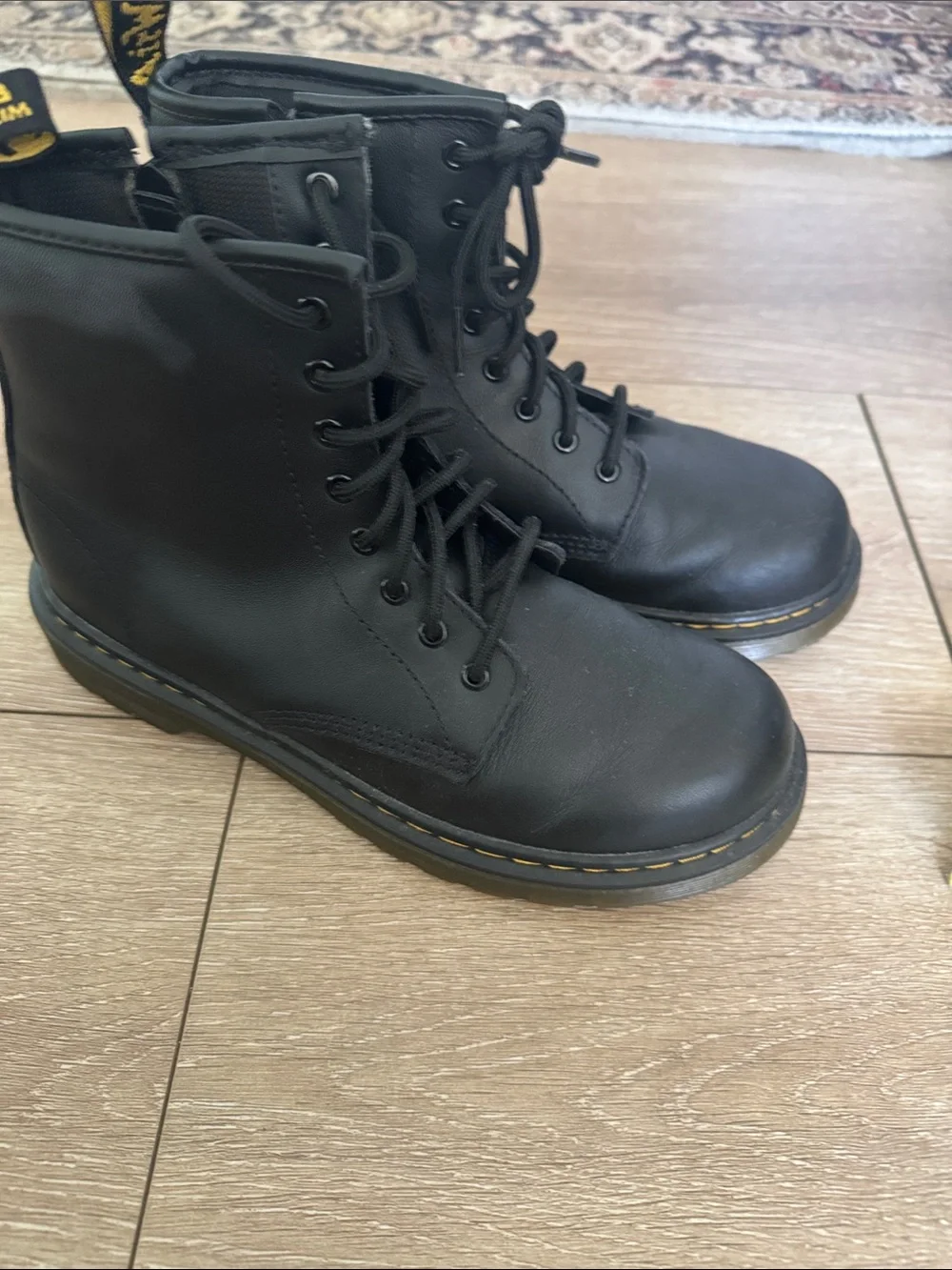Dr. Martens Black Leather Lace-Up Boots with Yellow Welt Stitch